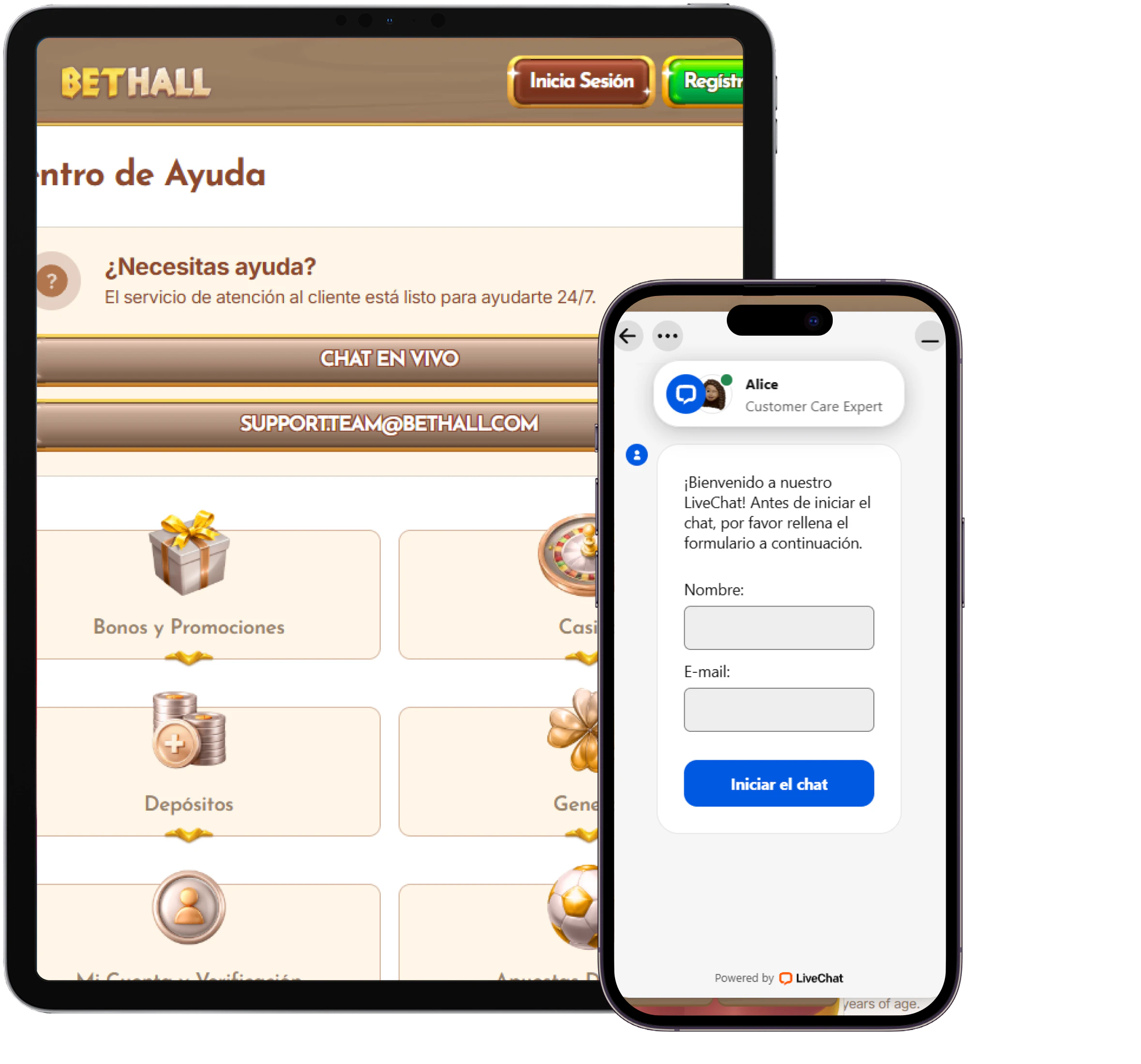 Bethall Casino centro de ayuda y chat en vivo en móvil