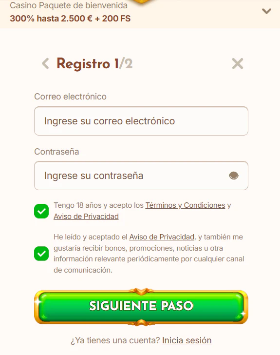 Bethall Casino formulario de registro e inicio de sesión